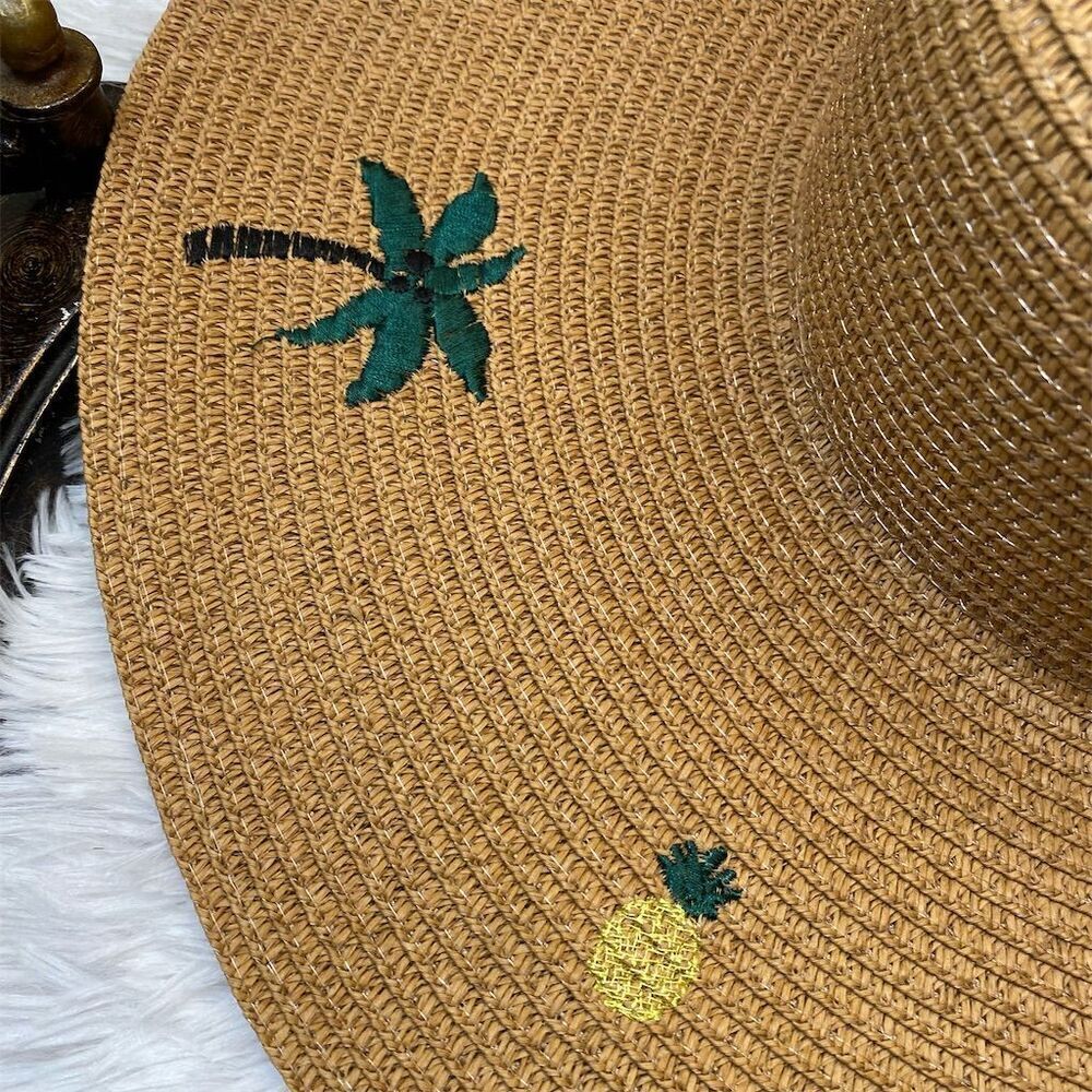 Women's Beige Palm Tree Embroidered Straw Sun Hat Wide Brim Summer Casual - Picture 3 of 8